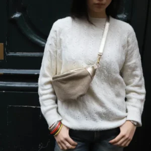 Sac Banane L Bi-matière en cuir beige