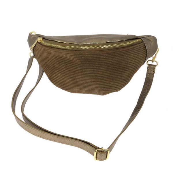 Sac Banane L Bi-matière en cuir taupe