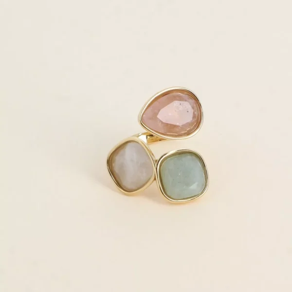 Bague Idrissa ouverte - quartz fraise/amazonite/agate blanche