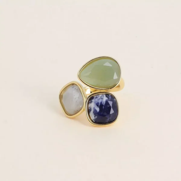 Bague Idrissa ouverte - aventurine verte/agate bleue/agate blanche