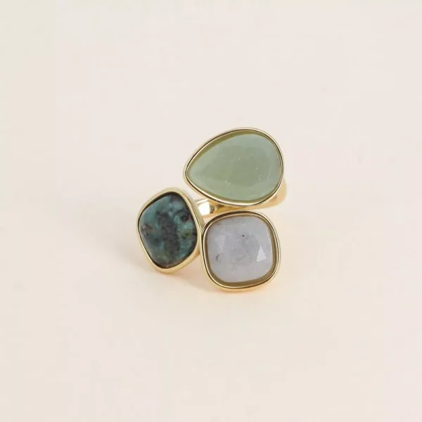 Bague Idrissa ouverte - aventurine verte/labradorite/turquoise africaine