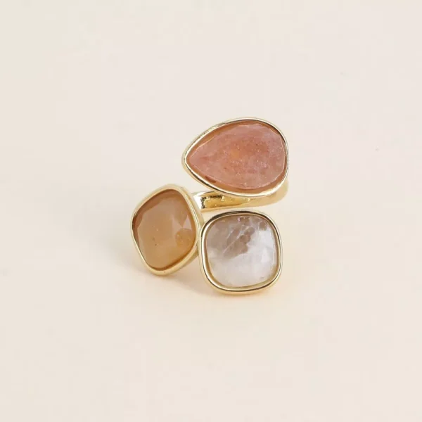 Bague Idrissa ouverte - quartz fraise/agate blanche/aventurine orange
